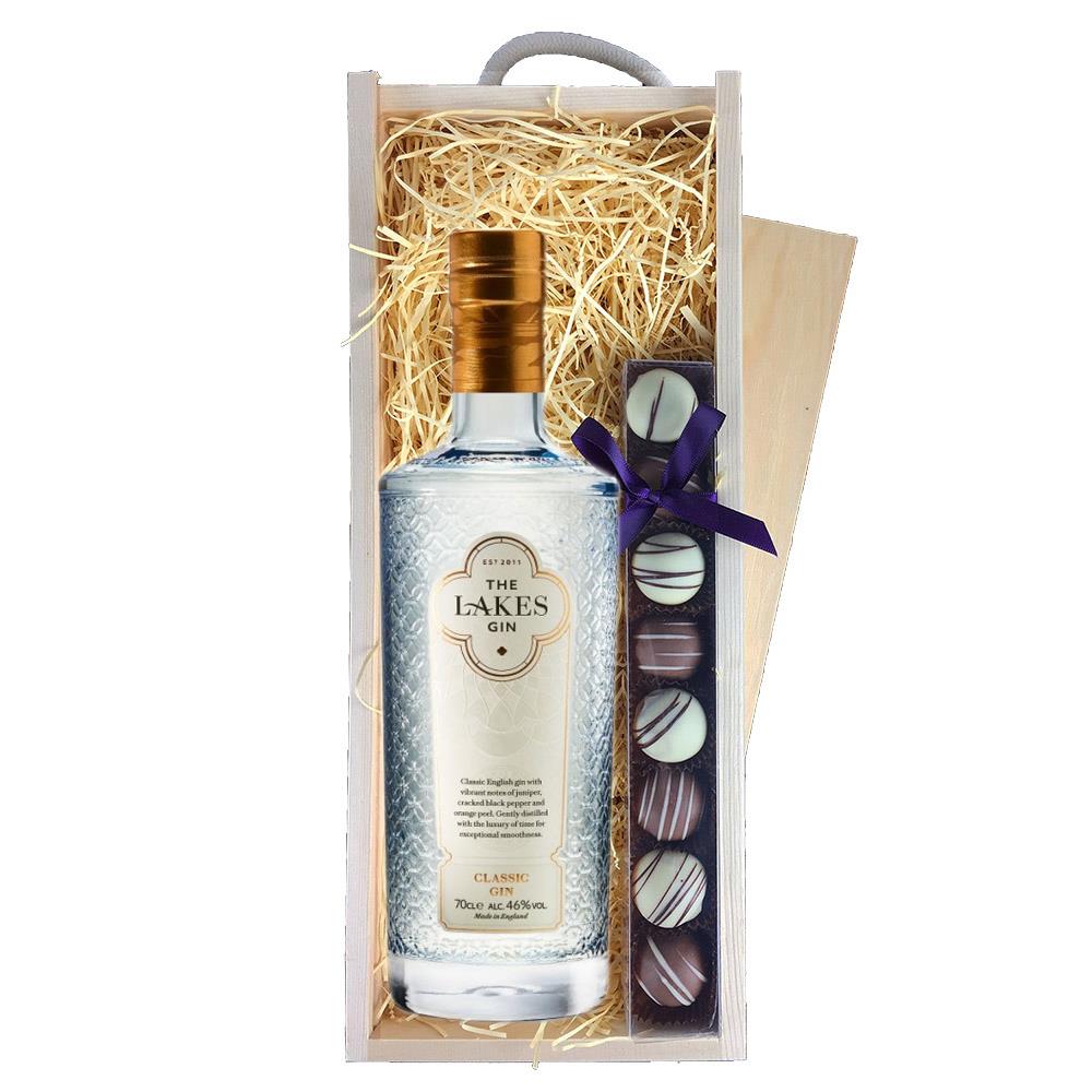 The Lakes Gin 70cl And Heart Truffles, Wooden Box
